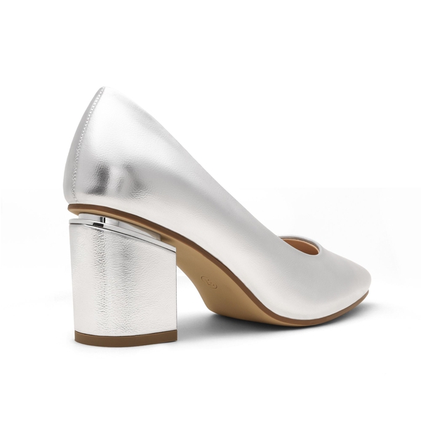 Classic Pointed Toe Block Heel Pumps - SILVER PU - 3